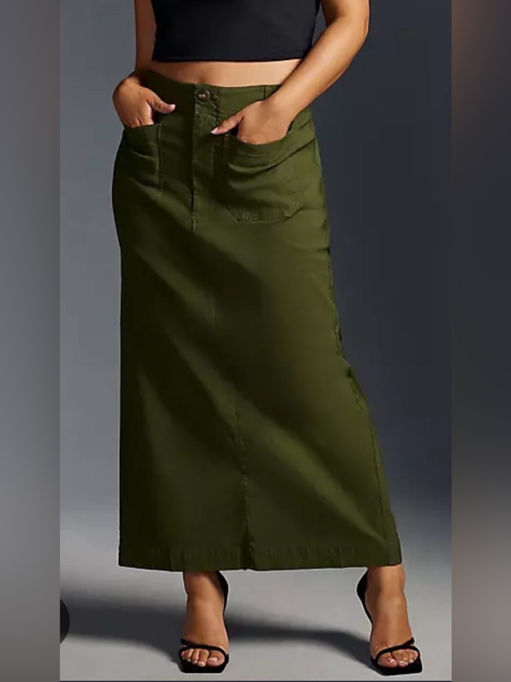 Maeve x Anthropologie Colette Olive Green Maxi Skirt Sz S Magic Stretch Chic